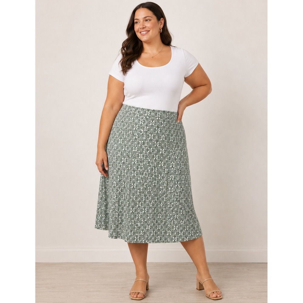 Lands End Skirt Sage Green Floral Pima Cotton Blend A-Line Midi Stretch L 14-16